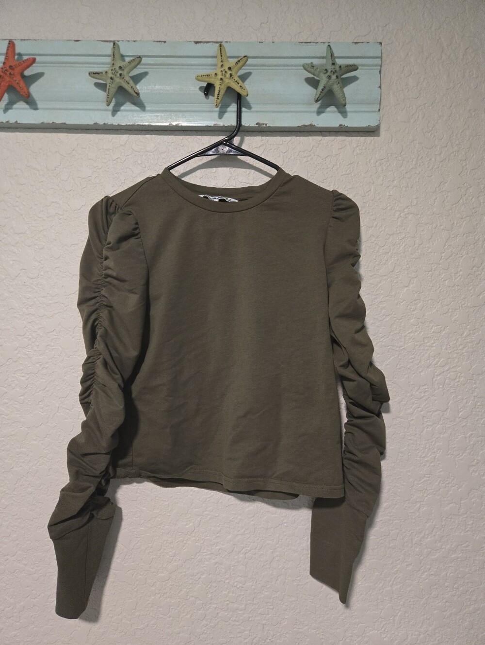 Walter Baker Womens Olive Green Ruched Puff Sleeve Sweatshirt Top XS